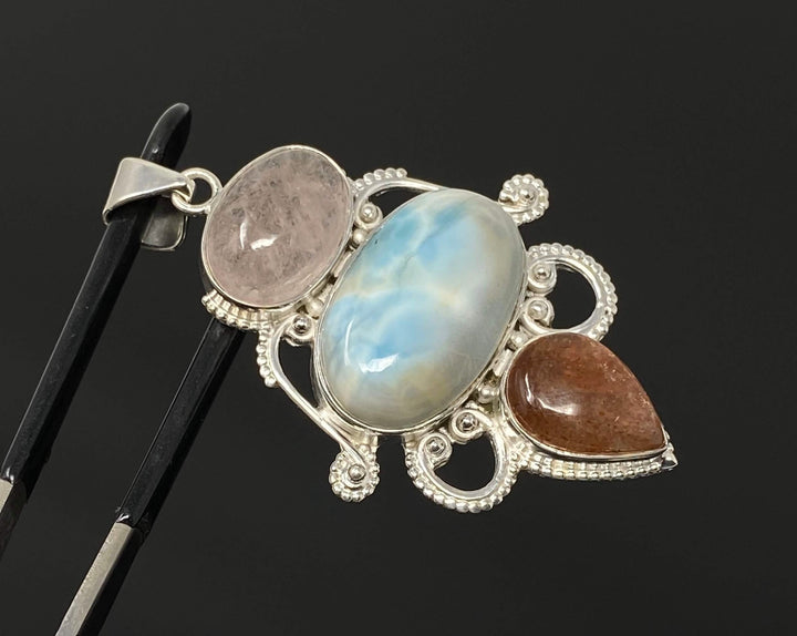 Elegant Sterling Silver Wire Wrapped Pendant with Larimar, Morganite & Sunstone Mauve Penelope