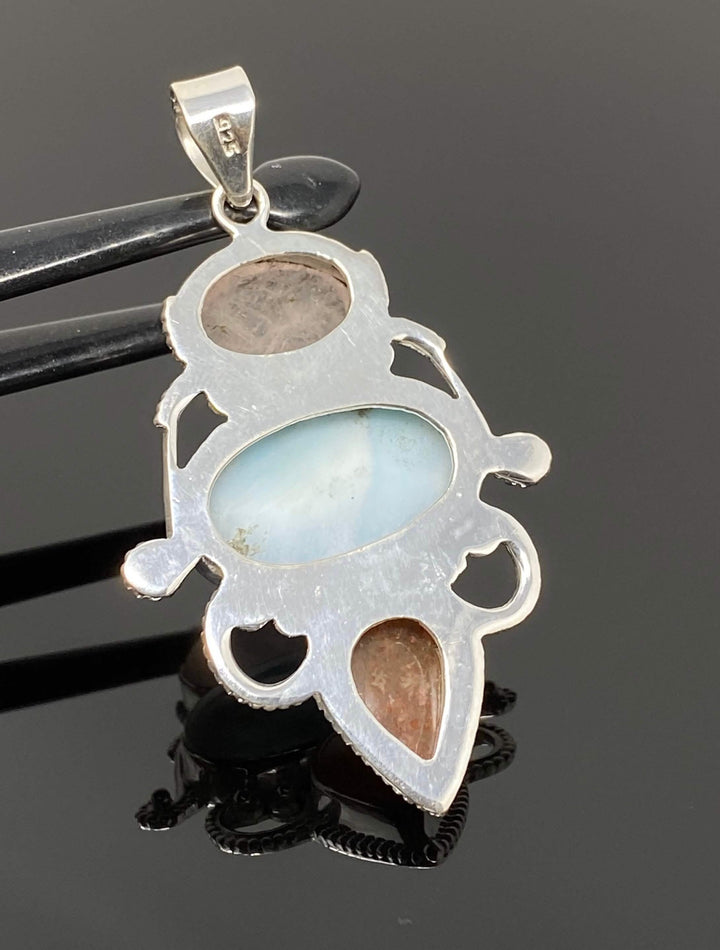 Elegant Sterling Silver Wire Wrapped Pendant with Larimar, Morganite & Sunstone Mauve Penelope