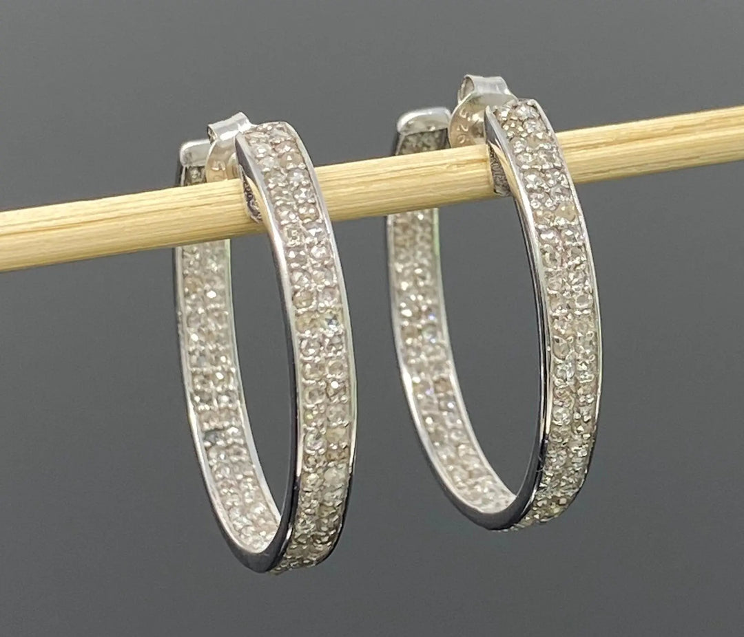 Elegant 25mm Sterling Silver Double Line Diamond Hoop Earrings Mauve Penelope