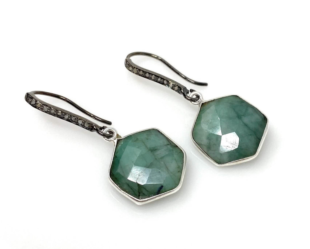 Emerald & Diamond Encrusted Drop Earrings with Black Rhodium Finish in Sterling Silver Mauve Penelope