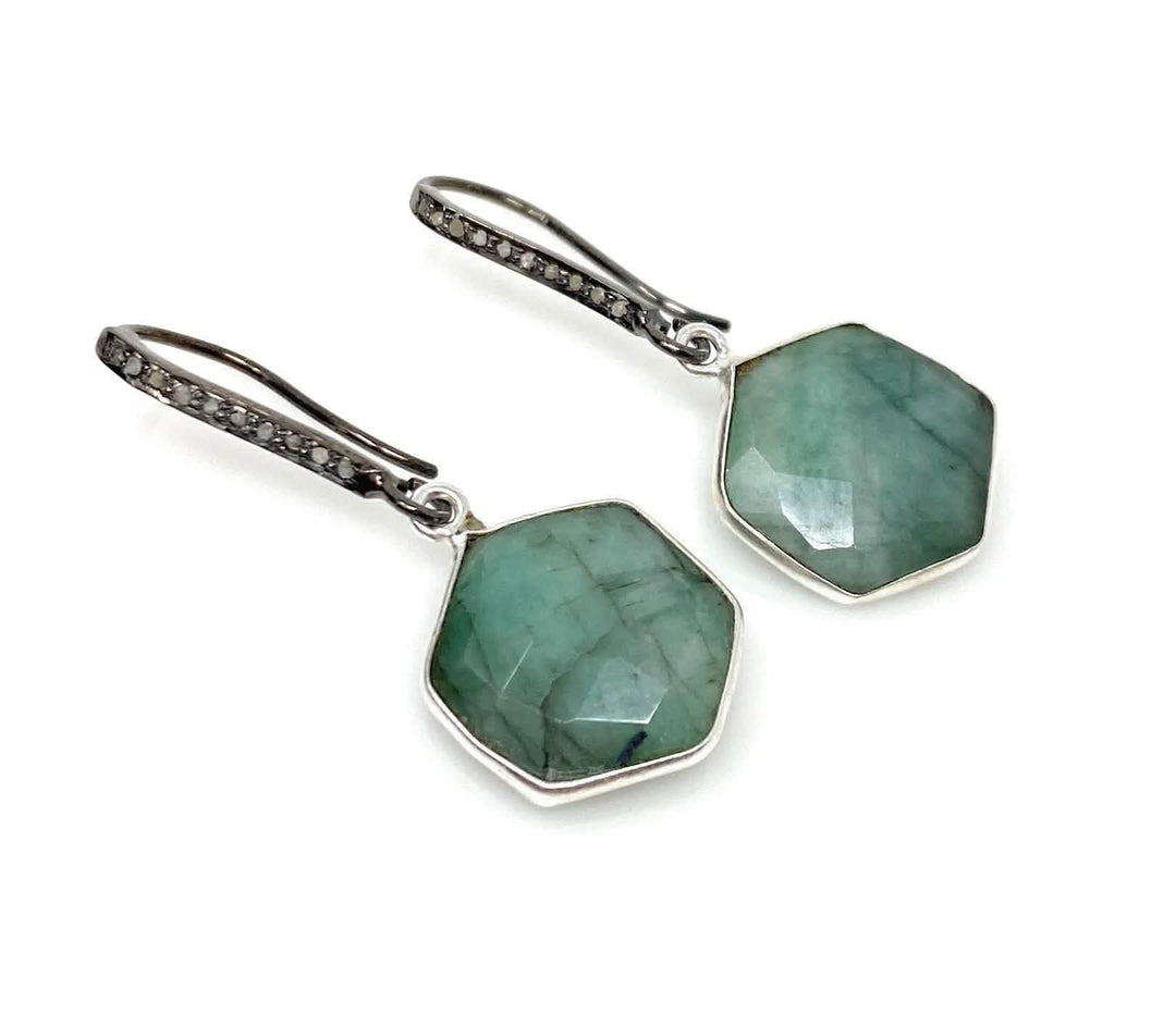 Emerald & Diamond Encrusted Drop Earrings with Black Rhodium Finish in Sterling Silver Mauve Penelope