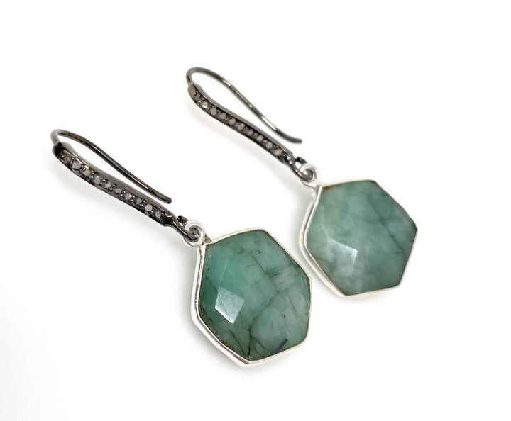 Emerald & Diamond Encrusted Drop Earrings with Black Rhodium Finish in Sterling Silver Mauve Penelope