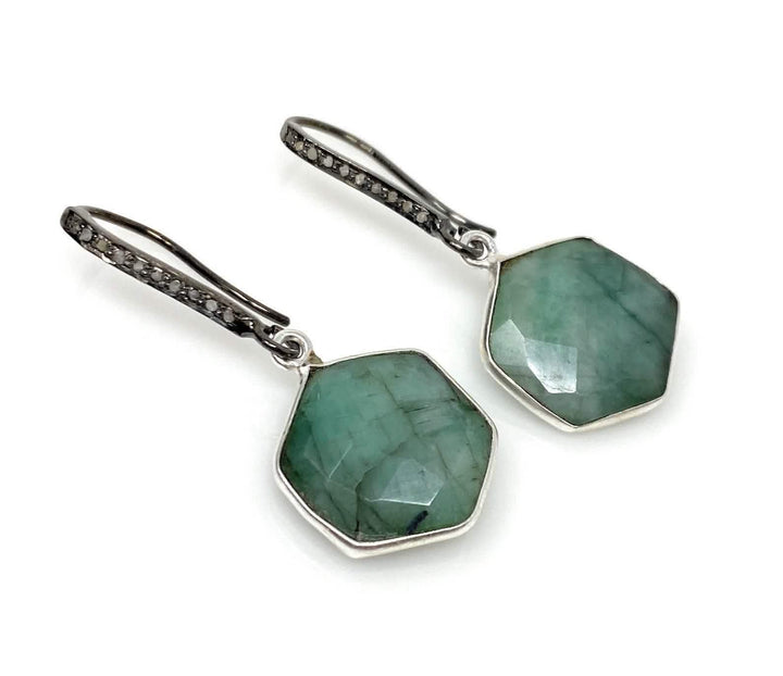 Emerald & Diamond Encrusted Drop Earrings with Black Rhodium Finish in Sterling Silver Mauve Penelope