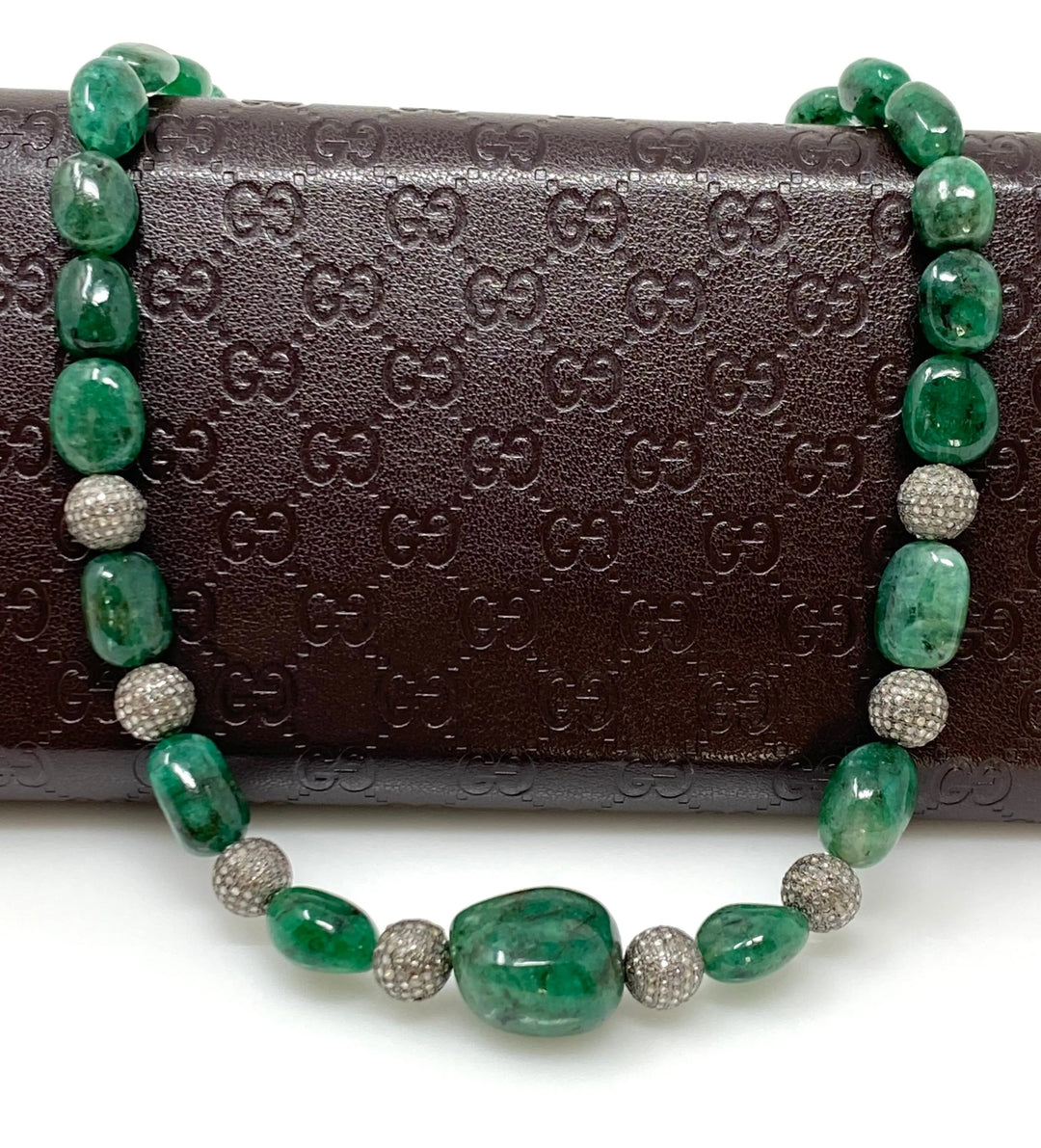 Gorgeous 16.25” Zambian Emerald Nugget Necklace with Diamond Details Mauve Penelope