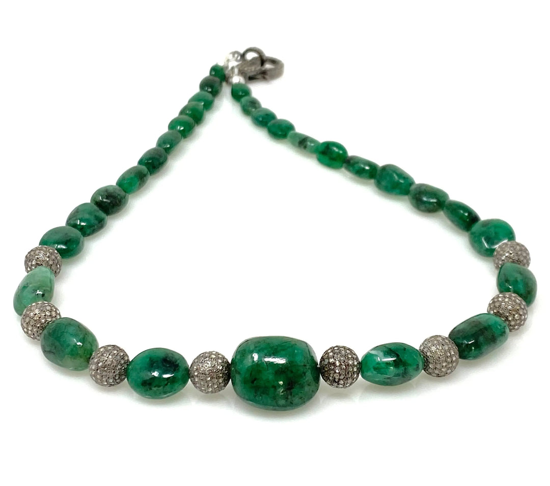 Gorgeous 16.25” Zambian Emerald Nugget Necklace with Diamond Details Mauve Penelope