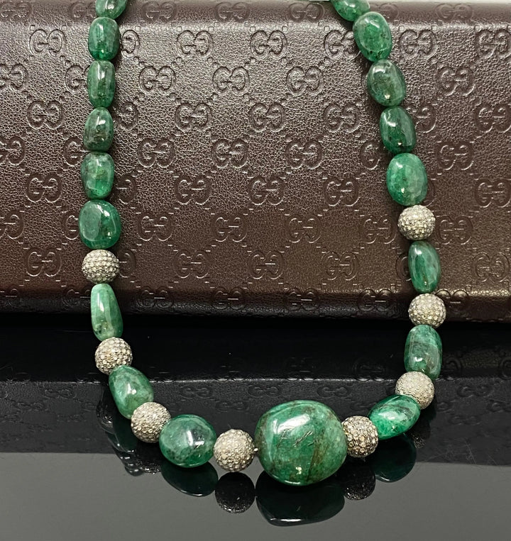 Gorgeous 16.25” Zambian Emerald Nugget Necklace with Diamond Details Mauve Penelope