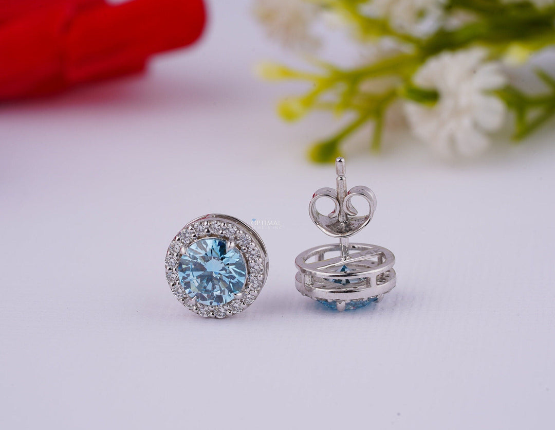 Sapphire Blue Lab Diamond Earrings 2.40 Ctw IGI Certified Round Halo Carmine Poppy