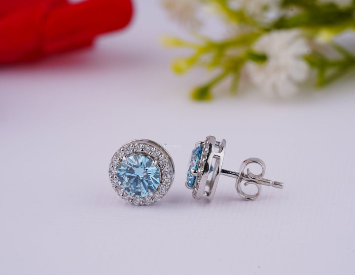 Sapphire Blue Lab Diamond Earrings 2.40 Ctw IGI Certified Round Halo Carmine Poppy