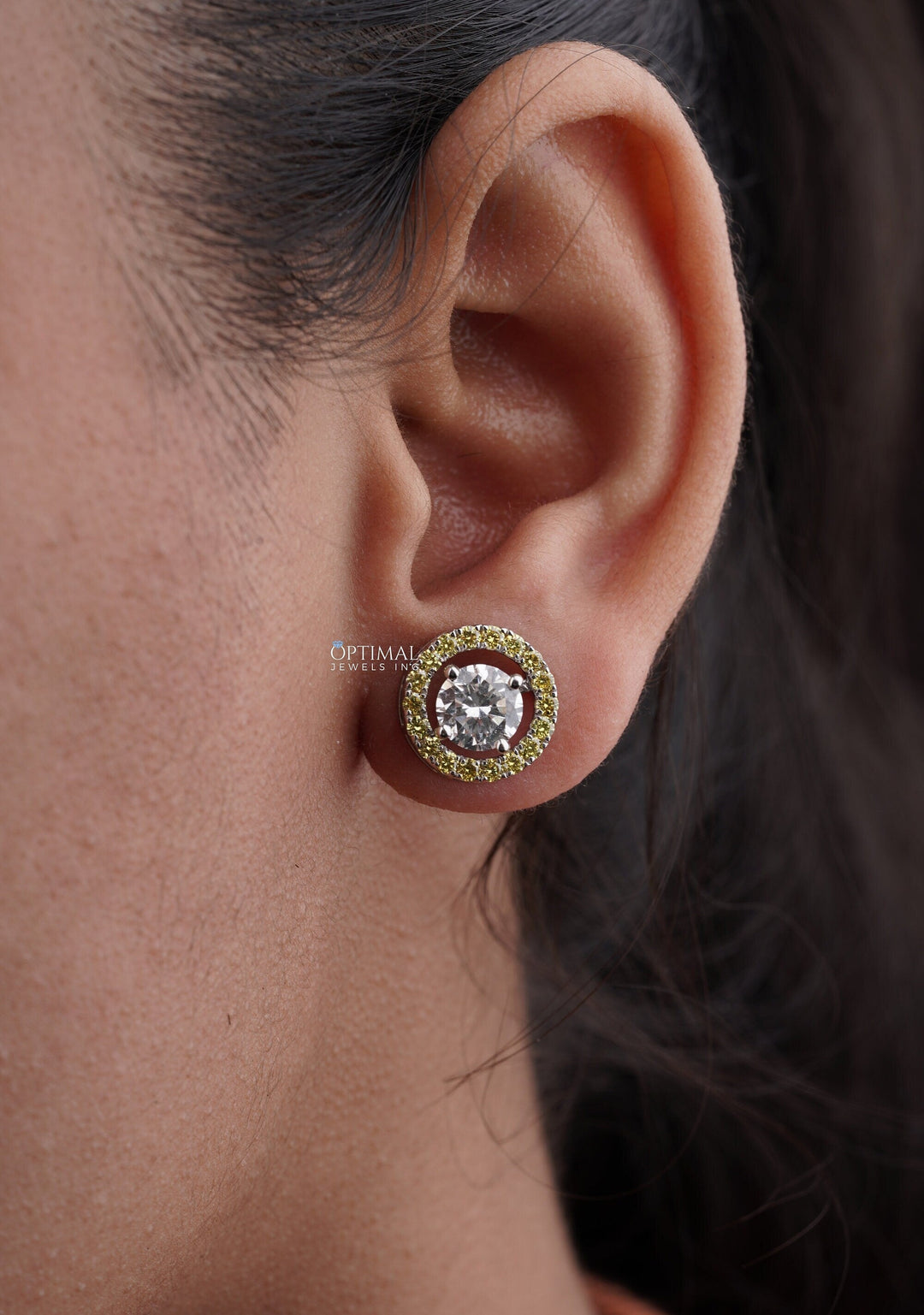 Elegant Two-Tone Lab Diamond Stud Earring 2.44 Ctw Round Sparkling Carmine Poppy