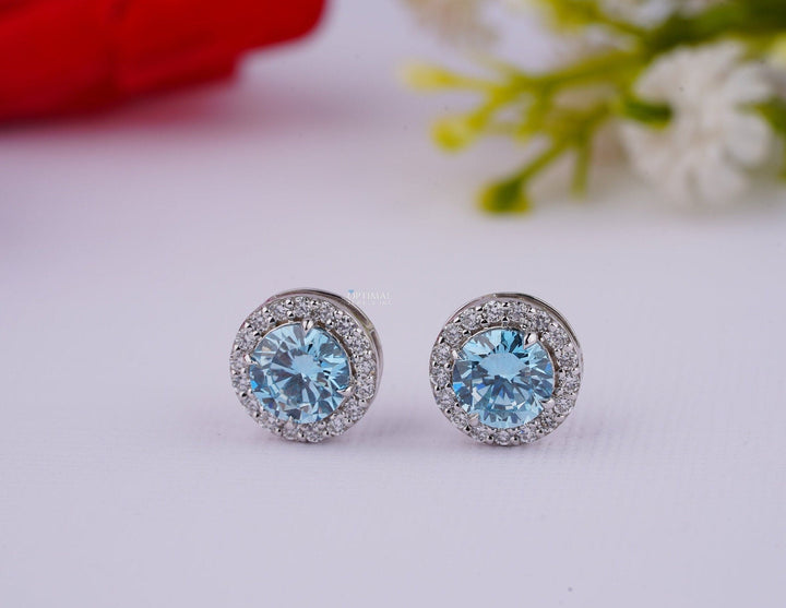 Sapphire Blue Lab Diamond Earrings 2.40 Ctw IGI Certified Round Halo Carmine Poppy