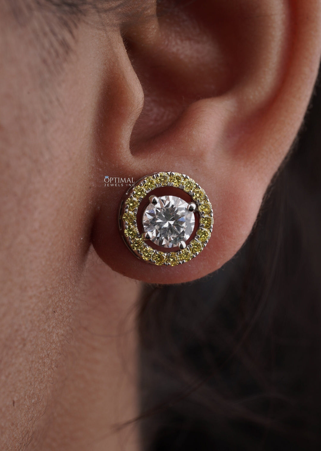 Elegant Two-Tone Lab Diamond Stud Earring 2.44 Ctw Round Sparkling Carmine Poppy