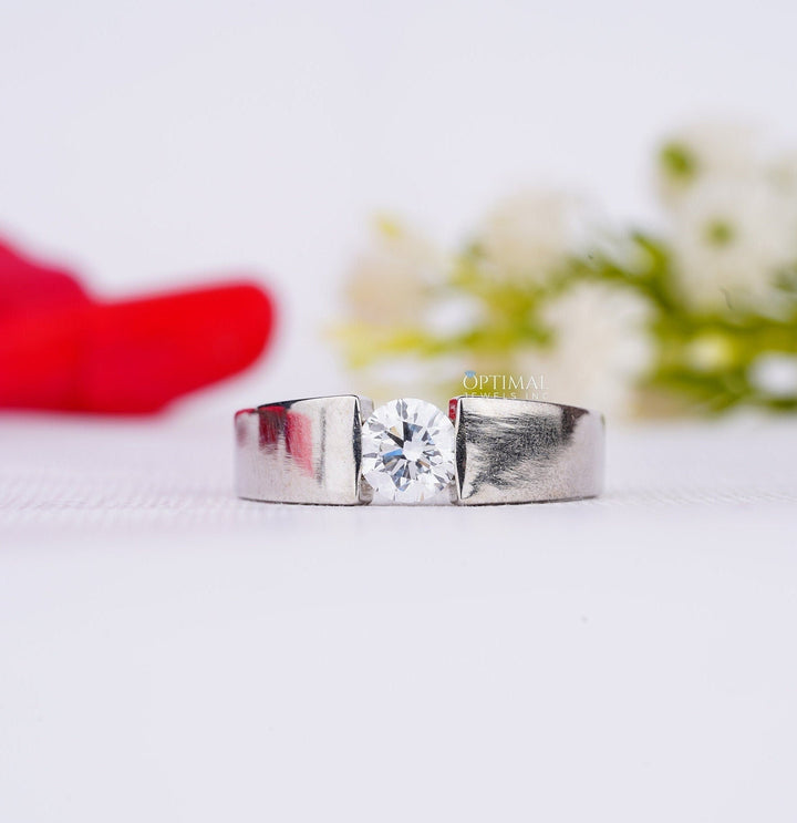 Lab-Grown Men's Diamond Ring, 1.00 CTW Solitaire Engagement White Gold Carmine Poppy