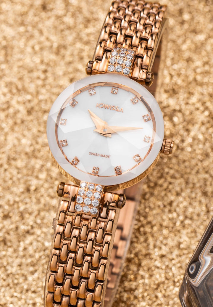 Rose-Gold Charm Swiss Women's Watch with Lustrous Mother-of-Pearl Dial Chocolate Sycamore