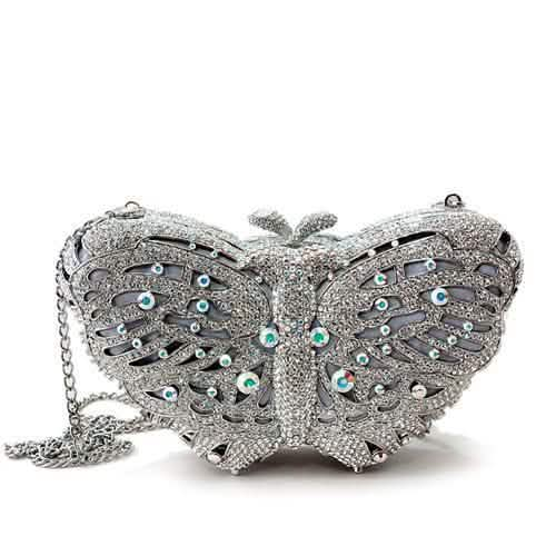 Elegant Crystal-Embellished White Metal Clutch in Imitation Rhodium Finish Turquoise Tiger