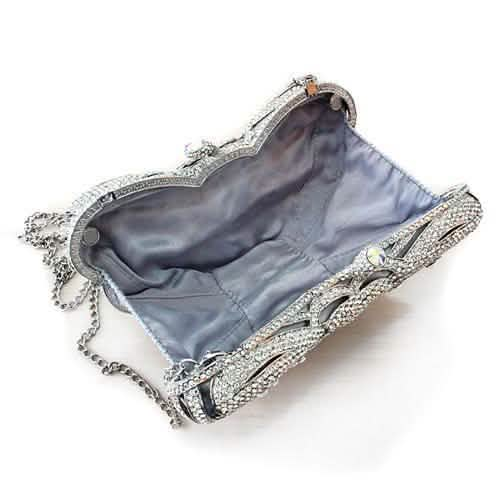 Elegant Crystal-Embellished White Metal Clutch in Imitation Rhodium Finish Turquoise Tiger