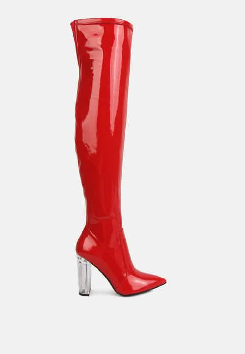 Gorgeous Patent PU Over-the-Knee Boots with Transparent Block Heels Ruby Smudge