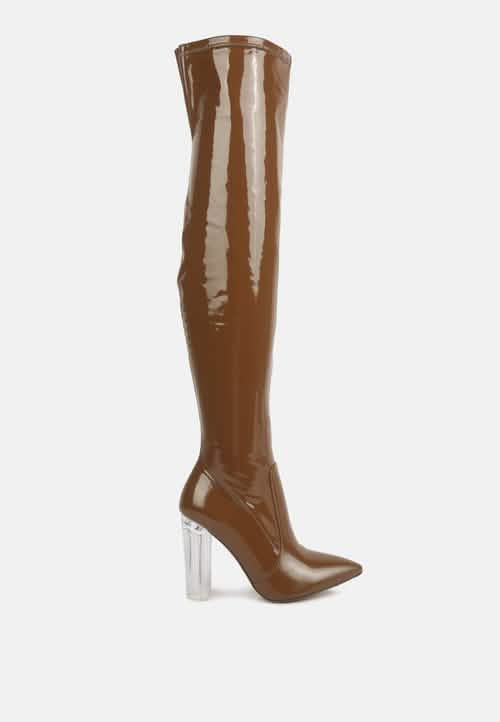 Gorgeous Patent PU Over-the-Knee Boots with Transparent Block Heels Ruby Smudge