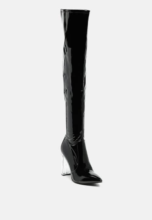 Gorgeous Patent PU Over-the-Knee Boots with Transparent Block Heels Ruby Smudge