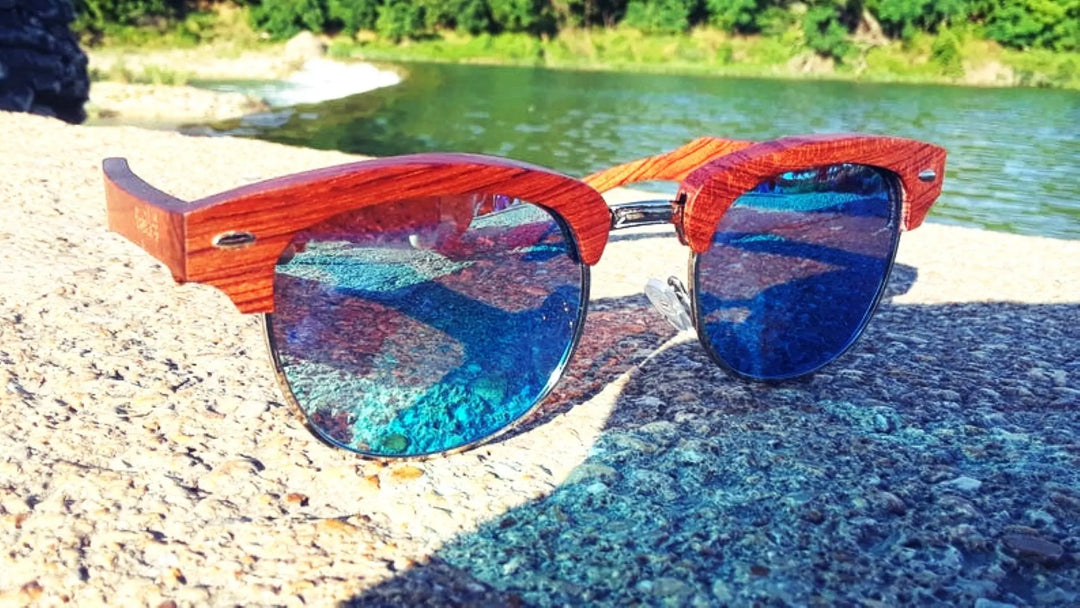 Sandalwood Eco-Friendly Sunglasses with Stunning Ice Blue Polarized Lenses - Handcrafted Elegance Purple Ariadne