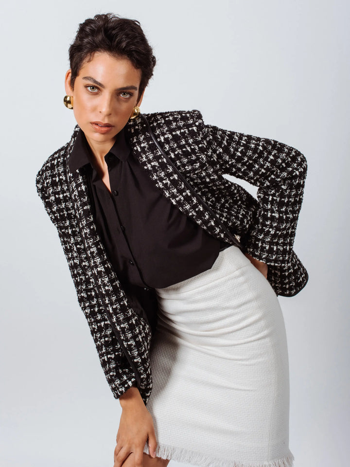 Chic Black and White Tweed Blazer with Elegant Pearl Accents Mauve Daisy